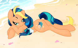 Size: 2400x1500 | Tagged: safe, artist:bigbuxart, oc, oc only, oc:playa "spikeball" azul, earth pony, pony, beach, crossed arms, lidded eyes, seashell, sexy, solo, water