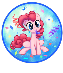 Size: 3200x3700 | Tagged: safe, artist:inowiseei, derpibooru import, pinkie pie, earth pony, pony, cute, female, looking at you, mare, noisemaker, party horn, simple background, sitting, smiling, solo, streamers, transparent background