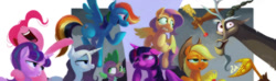 Size: 1024x303 | Tagged: safe, artist:hairyfood, applejack, discord, fluttershy, pinkie pie, rainbow dash, rarity, spike, starlight glimmer, twilight sparkle, twilight sparkle (alicorn), alicorn, dragon, earth pony, pegasus, pony, unicorn, mane six, scepter, twilight scepter