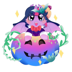 Size: 2100x2100 | Tagged: safe, artist:bigbuxart, twilight sparkle, twilight sparkle (alicorn), alicorn, bat pony, bat pony alicorn, pony, bat ponified, clothes, costume, cute, fangs, food, halloween, jack-o-lantern, nightmare night, pumpkin, race swap, simple background, solo, transparent background, twiabetes