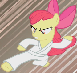 Size: 599x568 | Tagged: safe, screencap, apple bloom, pony, call of the cutie, clothes, gi, karate, kick, martial arts, outfit catalog, robe, solo, trousers, white belt