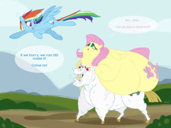 Size: 2500x1882 | Tagged: safe, artist:mellowhen, bulk biceps, fluttershy, rainbow dash, pegasus, pony, carrying, dialogue, fat, fattershy, lifting, morbidly obese, obese