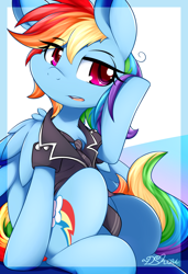 Size: 1314x1920 | Tagged: safe, artist:dshou, rainbow dash, pegasus, pony, blazer, bored, clothes, cute, dashabetes, female, mare, open mouth, signature, solo