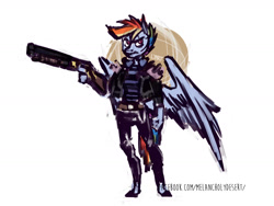 Size: 1600x1200 | Tagged: safe, artist:lya, derpibooru import, rainbow dash, anthro, unguligrade anthro, armor, clothes, colored, digital art, gun, kezsüel, leather jacket, military, post-apocalyptic, shotgun, sketch, solo, standing, weapon