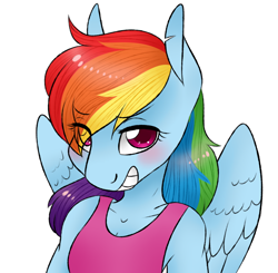 Size: 1280x1253 | Tagged: safe, artist:bubbleburst, derpibooru import, rainbow dash, anthro, blushing, clothes, looking at you, simple background, solo, tanktop