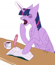 Size: 1289x1529 | Tagged: safe, artist:twigpony, twilight sparkle, twilight sparkle (alicorn), alicorn, pony, bags under eyes, book, coffee, cup, eyes closed, open mouth, quill, reading, sleepy, solo, writing, yawn