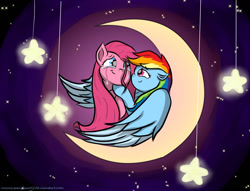 Size: 1280x980 | Tagged: source needed, safe, artist:cozmicpandawolf, pinkie pie, rainbow dash, earth pony, pegasus, pony, crying, female, lesbian, moon, pinkamena diane pie, pinkiedash, shipping, single tear