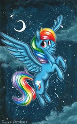 Size: 699x1119 | Tagged: safe, artist:twixyamber, rainbow dash, pegasus, pony, moon, night, solo, spread wings, traditional art