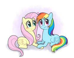 Size: 668x528 | Tagged: safe, artist:bluemoonlightflower, fluttershy, rainbow dash, pegasus, pony, blushing, female, flutterdash, folded wings, heart, holding hooves, lesbian, prone, shipping, simple background, white background