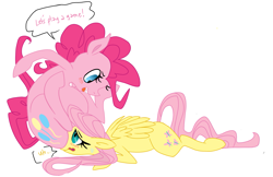 Size: 2451x1589 | Tagged: safe, artist:elslowmo, edit, fluttershy, pinkie pie, earth pony, pegasus, pony, blushing, chubby, facesitting, fat, fat edit, flutterseat, obese, sweat