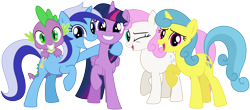 Size: 6381x2800 | Tagged: safe, artist:bluemeganium, lemon hearts, minuette, spike, twilight sparkle, twilight sparkle (alicorn), twinkleshine, alicorn, dragon, pony, amending fences, canterlot five, cute, group photo, simple background, smiling, transparent background, twiabetes, vector