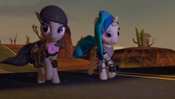 Size: 1280x720 | Tagged: safe, artist:tailzythefox1, dj pon-3, octavia melody, vinyl scratch, earth pony, pony, unicorn, fallout equestria, 3d, cactus, desert, duo, female, mare, ring, road, saguaro cactus, source filmmaker, weapon