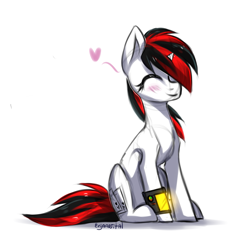 Size: 1997x1922 | Tagged: safe, artist:enjaadjital, oc, oc only, oc:blackjack, pony, unicorn, fallout equestria, blushing, cute, eyes closed, fanfic, fanfic art, female, heart, hooves, horn, mare, pipbuck, simple background, sitting, small horn, smiling, solo, white background