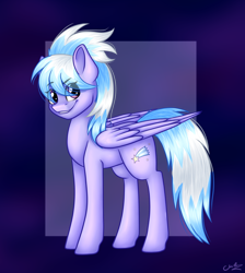 Size: 1024x1145 | Tagged: safe, artist:fluffyzecloud, artist:milenamelody, cloudchaser, pegasus, pony, collaboration, eye clipping through hair, female, grin, hair over eyes, looking at you, mare, signature, solo