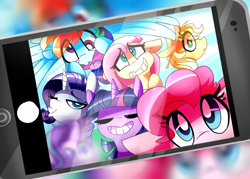 Size: 2800x2000 | Tagged: safe, artist:nekosnicker, derpibooru import, applejack, fluttershy, pinkie pie, rainbow dash, rarity, starlight glimmer, twilight sparkle, earth pony, pegasus, pony, unicorn, blurred, cellphone, duckface, iphone, mane six, phone, selfie