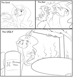 Size: 1020x1080 | Tagged: safe, artist:silfoe, derpibooru import, philomena, princess celestia, alicorn, pony, ask, biohazard, comic, dialogue, dustpan, floppy ears, grayscale, gross, magic, monochrome, pickaxe, poop, royal sketchbook, the good the bad and the ugly, tumblr, wide eyes