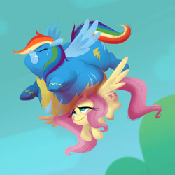 Size: 2400x2400 | Tagged: safe, artist:mellowhen, fluttershy, rainbow dash, pegasus, pony, belly, clothes, double chin, fat, flying, morbidly obese, obese, rainblob dash, struggling, sweat, torn clothes, wardrobe malfunction, wonderbolts uniform