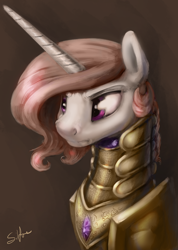 Size: 1066x1500 | Tagged: safe, artist:silfoe, derpibooru import, princess celestia, alicorn, pony, armor, bust, female, looking to side, looking to the left, mare, pink-mane celestia, portrait, solo, younger