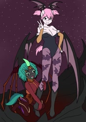 Size: 1039x1476 | Tagged: safe, artist:linedraweer, oc, oc only, oc:sweet cheeks, oc:titch, anthro, changeling, plantigrade anthro, succubus, anthro oc, changeling oc, clothes, commission, cosplay, costume, darkstalkers, female, halloween, halloween costume, hug, leg hug, lesbian, morrigan aensland, sarah kerrigan, size difference, starcraft