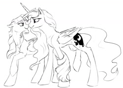 Size: 1280x915 | Tagged: safe, artist:silfoe, derpibooru import, princess luna, twilight sparkle, twilight sparkle (alicorn), alicorn, pony, bedroom eyes, black and white, boop, dialogue, eye contact, female, grayscale, horns are touching, lesbian, mare, missing accessory, monochrome, noseboop, older, other royal book, raised hoof, raised leg, shipping, simple background, smiling, speech bubble, twiluna, white background