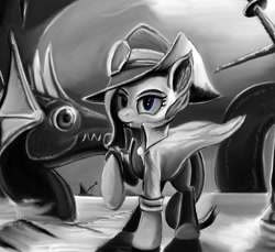 Size: 1346x1234 | Tagged: safe, artist:ponsce, bat pony, pony, hat, monochrome, sea monster, tricorne