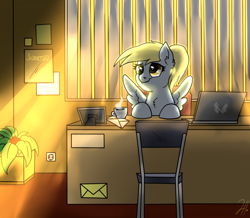 Size: 800x699 | Tagged: safe, artist:shimazun, derpy hooves, pegasus, pony, crepuscular rays, cropped, desk, female, mare, office, scrunchy face, solo