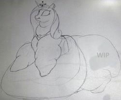 Size: 2000x1658 | Tagged: safe, artist:fatponysketches, princess cadance, alicorn, pony, belly, fat, huge butt, impossibly large belly, impossibly large butt, large butt, monochrome, morbidly obese, obese, pencil drawing, princess decadence, rough sketch, sketch, solo, traditional art, wip