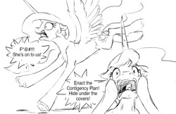 Size: 1280x828 | Tagged: safe, artist:silfoe, derpibooru import, princess celestia, princess luna, alicorn, pony, funny, grayscale, monochrome, open mouth, panic, royal sketchbook, simple background, sketch, vulgar