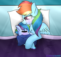 Size: 1024x951 | Tagged: safe, artist:northlights8, rainbow dash, oc, pegasus, pony, bed, crying, cuddling, female, momma dash, mother and child, mother and daughter, offspring, parent and child, parent:rainbow dash, parent:soarin', parents:soarindash, snuggling