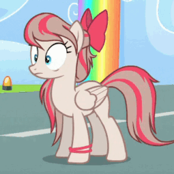 Size: 331x331 | Tagged: safe, screencap, angel wings, pony, top bolt, animated, bow, cute, folded wings, gif, hair bow, rainbow waterfall, solo, wristband