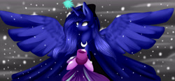 Size: 6300x2927 | Tagged: safe, artist:bambudess, derpibooru import, princess luna, snowfall frost, starlight glimmer, alicorn, pony, a hearth's warming tail, absurd resolution, cloak, clothes, floppy ears, glowing eyes, magic, snow, snowfall, spirit of hearth's warming yet to come, spread wings