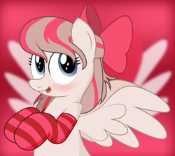 Size: 3342x3000 | Tagged: safe, artist:an-tonio, angel wings, pegasus, pony, top bolt, blushing, bow, clothes, cute, cutie mark, cutie mark background, female, hair bow, looking at you, mare, open mouth, pink background, smiling, socks, solo, striped socks, wings