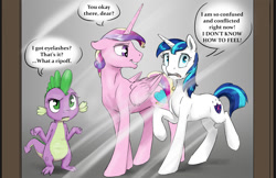 Size: 1200x776 | Tagged: safe, artist:silfoe, derpibooru import, barb, gleaming shield, prince bolero, princess cadance, shining armor, spike, alicorn, dragon, pony, unicorn, dialogue, implied transformation, mirror, royal sketchbook, rule 63