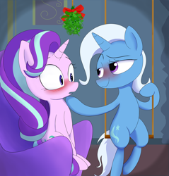 Size: 1024x1071 | Tagged: safe, artist:vincentjiang0v0, derpibooru import, starlight glimmer, trixie, pony, unicorn, blushing, female, lesbian, lidded eyes, looking at each other, mare, mistletoe, open mouth, shipping, smiling, startrix, swing, wide eyes