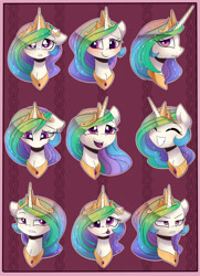 Size: 3165x4373 | Tagged: safe, artist:magnaluna, derpibooru import, princess celestia, alicorn, pony, :p, absurd resolution, angry, annoyed, blushing, curious, cute, cutelestia, face, goofy, happy, nervous, sad, serious face, sillestia, smiling, stern, tongue out