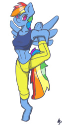 Size: 632x1264 | Tagged: safe, artist:mopyr, derpibooru import, rainbow dash, anthro, unguligrade anthro, abs, armpits, clothes, flexible, midriff, pose, sketch, solo, sports bra, workout outfit