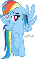 Size: 1814x2883 | Tagged: safe, artist:thumperlikestoast, rainbow dash, pegasus, pony, embarrassed, looking at you, open mouth, raised hoof, signature, simple background, smiling, solo, spread wings, transparent background, vector