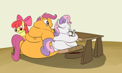 Size: 1500x894 | Tagged: safe, artist:astr0zone, apple bloom, scootaloo, sweetie belle, bench, cutie mark crusaders, fat, impossibly large butt, morbidly obese, obese, plot, scootalard, sweetie belly, the ass was fat