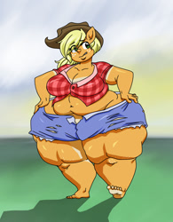 Size: 600x770 | Tagged: safe, artist:bonusart, applejack, anthro, plantigrade anthro, ambiguous facial structure, applebucking thighs, applefat, applerack, barefoot, bbw, belly button, breasts, clothes, fat, feet, female, impossibly wide hips, morbidly obese, muffin top, muscles, obese, open fly, shorts, solo, strong fat, wide hips