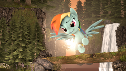 Size: 4000x2250 | Tagged: safe, artist:redaceofspades, rainbow dash, pegasus, pony, 3d, flower, flying, forest, lens flare, log, poster, solo, source filmmaker, waterfall