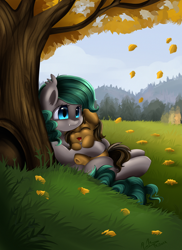 Size: 2550x3509 | Tagged: safe, artist:pridark, oc, oc only, oc:nightshine, bat pony, pony, autumn, cute, duo, eyes closed, fangs, forest, grass, grass field, hug, smiling, tree