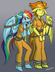 Size: 800x1035 | Tagged: safe, artist:dragonbeak, derpibooru import, rainbow dash, spitfire, anthro, bound wings, clothes, commission, cuffs, duo, excited, prison outfit, prisoner rd, shackles, unamused