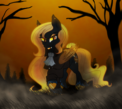 Size: 1024x912 | Tagged: safe, artist:blackblood-queen, oc, oc only, oc:regina liliac, bat pony, pony, eyeshadow, fangs, fog, lipstick, looking at you, makeup, nightmare night, solo, tree