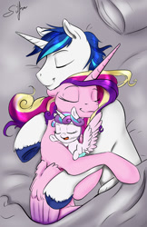 Size: 776x1200 | Tagged: safe, artist:silfoe, derpibooru import, princess cadance, princess flurry heart, shining armor, alicorn, pony, unicorn, baby pony, cuddle puddle, cuddling, cute, cutedance, drool, eyes closed, family, female, filly, flurrybetes, foal, happy, male, mare, pony pile, royal sketchbook, shining adorable, shiningcadance, shipping, silfoe is trying to murder us, sleeping, smiling, stallion, straight