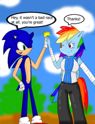 Size: 1194x1554 | Tagged: safe, artist:sonicanimation23, derpibooru import, rainbow dash, anthro, crossover, dialogue, sonic the hedgehog, sonic the hedgehog (series)