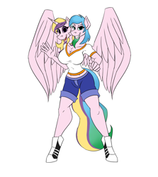 Size: 2042x2289 | Tagged: safe, artist:vladiverse, oc, oc only, oc:double mind, oc:power plant, anthro, unguligrade anthro, breasts, cleavage, clothes, conjoined, conjoined twins, female, half alicorn half pegasus, midriff, multiple heads, short shirt, shorts, simple background, sisters, two heads, white background