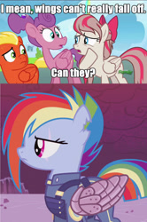 Size: 1307x1966 | Tagged: safe, edit, edited screencap, screencap, angel wings, rainbow dash, short fuse, pegasus, pony, the cutie re-mark, top bolt, alternate hairstyle, alternate timeline, amputee, apocalypse dash, augmented, battle damage, bow, caption, comic, crystal war timeline, eye scar, fridge logic, hair bow, image macro, loosey-goosey, prosthetic limb, prosthetic wing, prosthetics, scar, screencap comic, text, torn ear