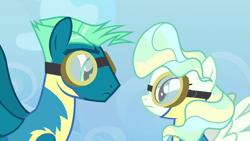 Size: 1920x1080 | Tagged: safe, screencap, sky stinger, vapor trail, pegasus, pony, top bolt, clothes, duo, female, goggles, looking at each other, male, mare, stallion, uniform, wonderbolt trainee uniform