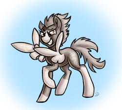 Size: 500x450 | Tagged: safe, artist:sallindaemon, oc, oc only, oc:dusty wing, pegasus, pony, feather guns, female, finger gun, finger guns, glare, gradient background, grin, lidded eyes, mare, raised hoof, smiling, smirk, solo, spread wings, wing hands, wings