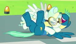 Size: 564x331 | Tagged: safe, screencap, sky stinger, vapor trail, pony, top bolt, cropped, cute, eyes closed, female, glomp, goggles, hug, legs in air, mare, on back, open mouth, out of context, plot, shipping fuel, smiling, spread wings, wonderbolt trainee uniform